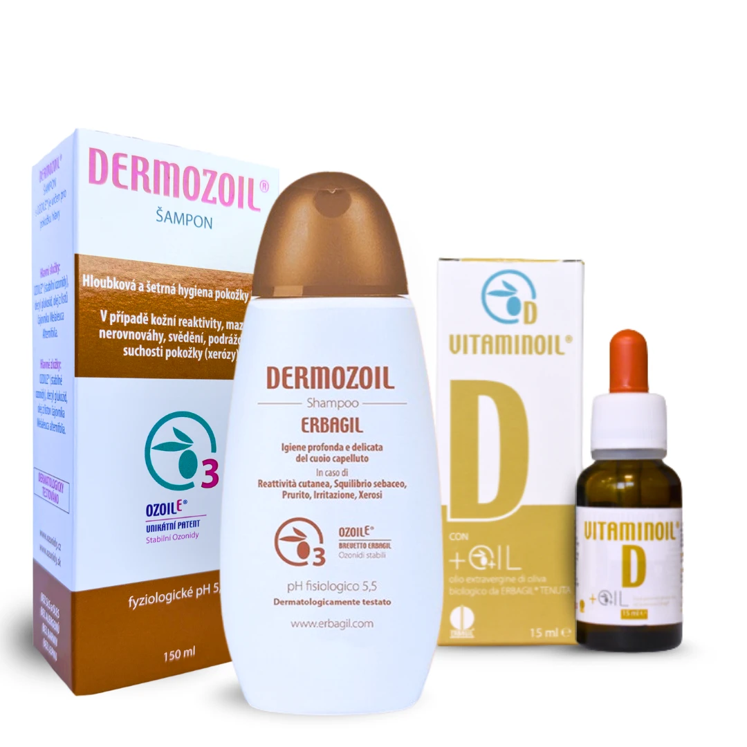 Sada produktů Dermozoil šampón a Vitaminoil D3 kapky pro zdravou pokožku hlavy bez lupů a podráždění.