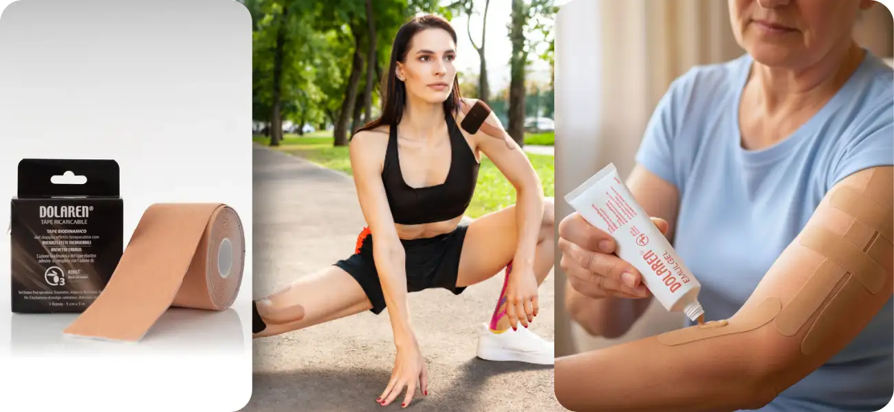 Žera cvičí a má nalepené tejpovací pásky Dolaren na rameni a koleni. Starší žena znovu aktivuje pásku po použití.