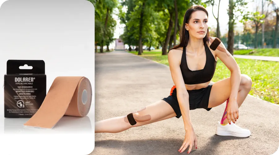 Žera cvičí a má nalepené tejpovací pásky Dolaren na rameni a koleni.