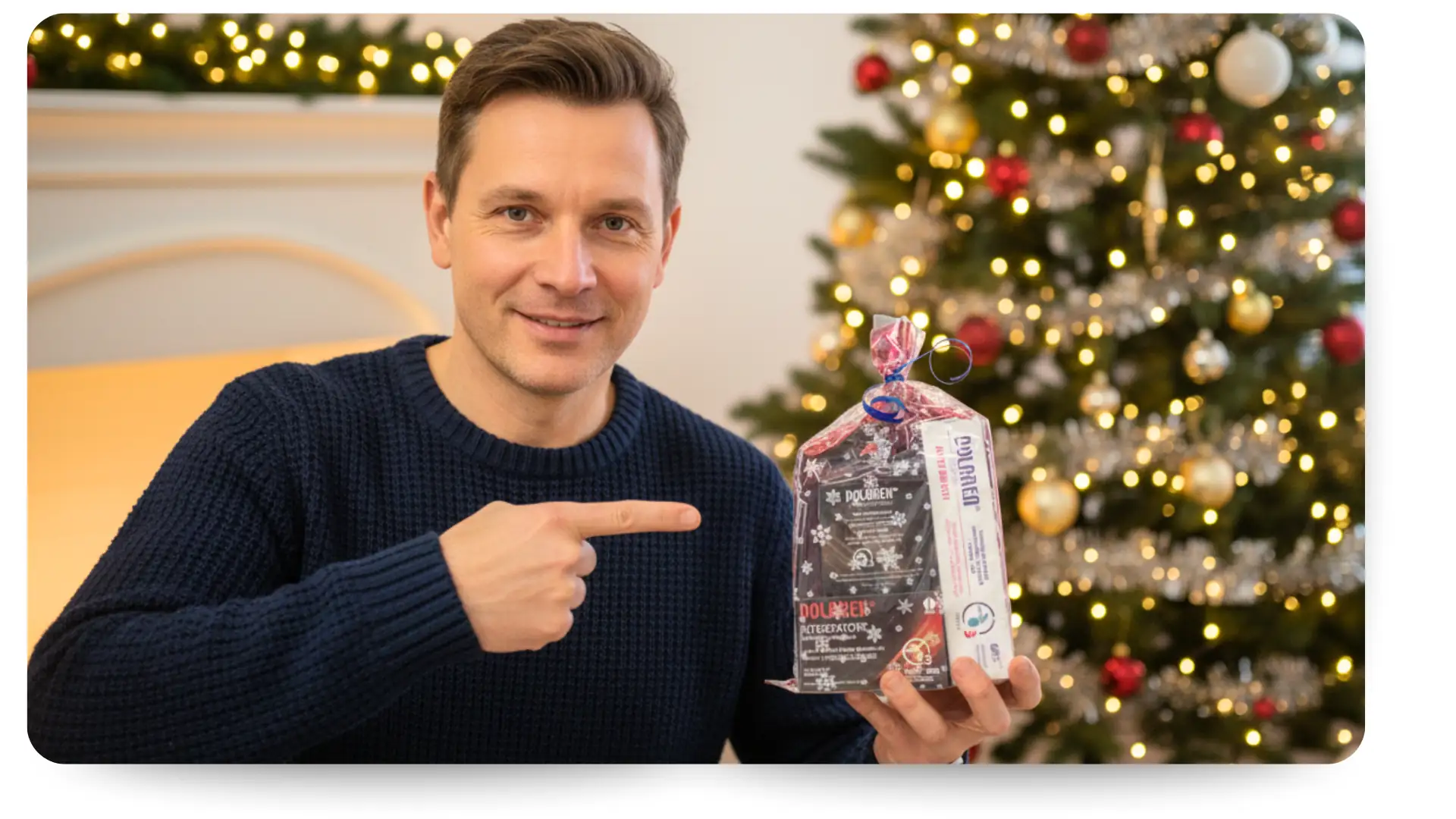 Muž sportovec s vánočním balíčkem proti bolesti kostí, svalů a kloubů a jejich výživu.