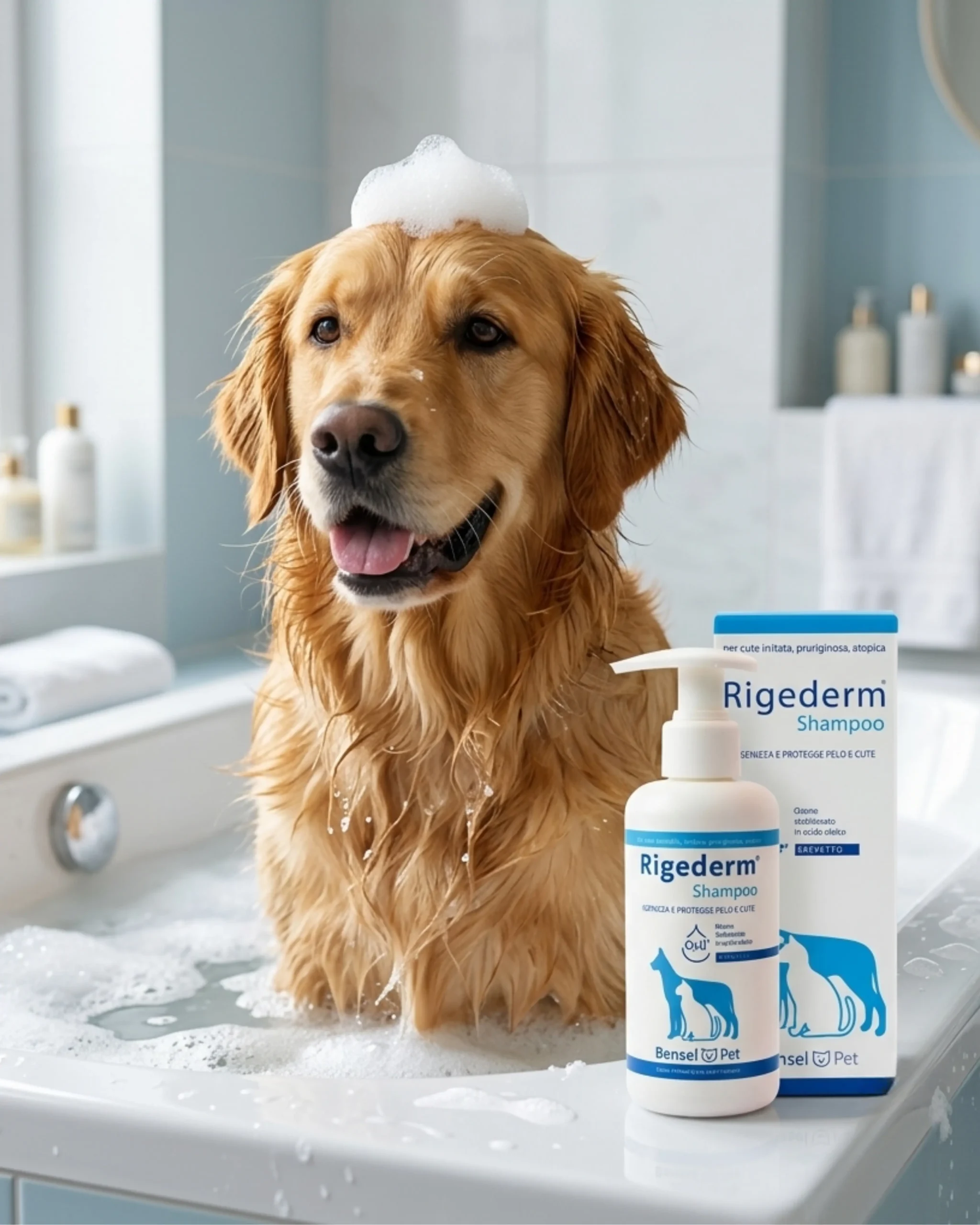 rigederm + pejsek Zlatý retriever s pěnou na hlavě během koupele ve vaně, vedle stojící zklidňující šampon pro psy a kočky Rigederm šampón.